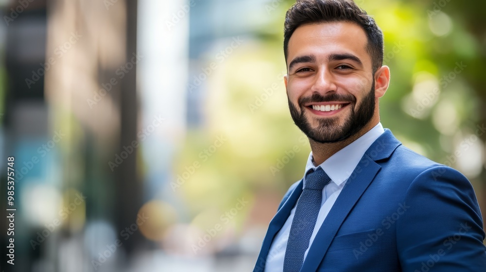 Confident Handsome Man in Blue Suit Smiling Outdoors