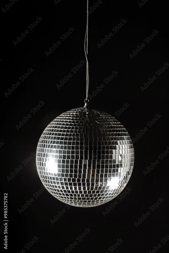 Fototapeta premium Silver disco ball hangs vertically on a black background. Shiny metallic sphere reflects light, creating a bright, fun atmosphere. Perfect for party decorations, club nights, and pub environments.