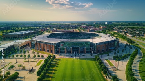 Aerial view of soccer stadium, hall of fame in Frisco, Texas. Modern architecture, urban cityscape, stadium, arena, outdoors. Football field, sports complex, background, street, view, landmark,