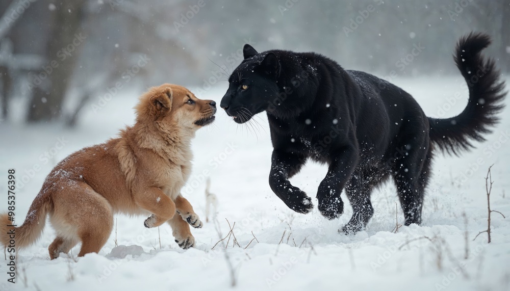 Golden retriever playing with black panther in snowy landscape. Unique interaction between wildlife and domestic animals.