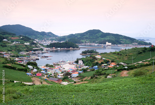 Hallyeohaesang National Park, Tongyeong-si, Gyeongsangnam-do, South Korea - June 1, 2015: Aerial view of Yokji Port of Yokjido Island at sunset  photo