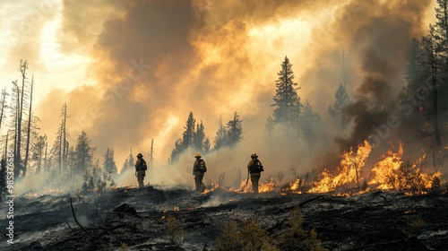 Firefighters battle a raging wildfire, surrounded by smoke and flames, highlighting the struggle against nature's destructive force. photo