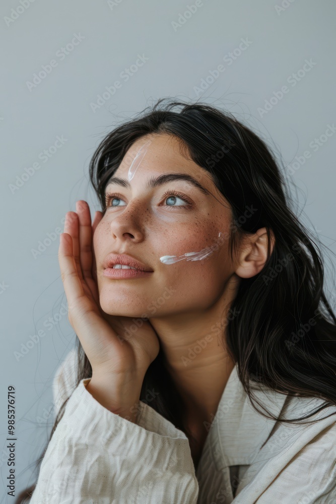 Close-up shot of beautiful South American model applying cream on face in beauty studio with white background. Dark hair, radiant skin. Perfect for editorial fashion, promoting beauty products. Close-up shot of beautiful South American model applying cream on face in beauty studio with white background. Dark hair, radiant skin. Perfect for editorial fashion, promoting beauty products.