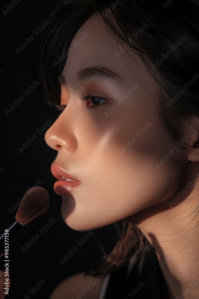 Asian woman with wavy hair closes eyes, slightly opens mouth, wearing black top against background. Gentle facial expression, soft focus. Editorial fashion concept for beauty promotion, Asian woman with wavy hair closes eyes, slightly opens mouth, wearing black top against background. Gentle facial expression, soft focus. Editorial fashion concept for beauty promotion,