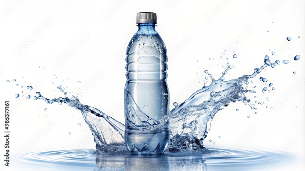 Refreshing water bottle with splash on white background , hydration, refreshment, water, cold drink, beverage, clear Refreshing water bottle with splash on white background , hydration, refreshment, water, cold drink, beverage, clear