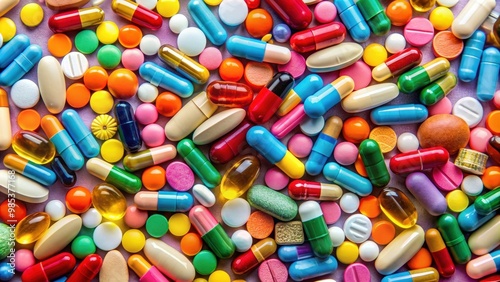 Assorted pharmaceutical medicine pills, tablets and capsules in a colorful background, medical, drugs, medication