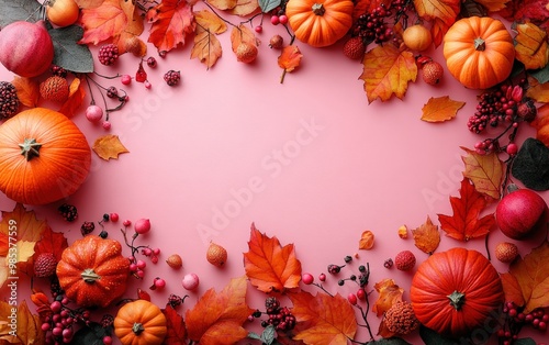 Colorful autumn arrangement featuring pumpkins, leaves, and berries on a pink background, perfect for seasonal decorations and harvest themes.