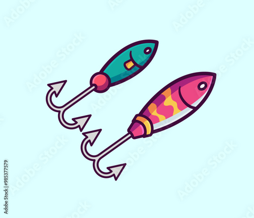 Colorful Cartoon Vector Illustration of Fish Lures with Hooks on a Light Blue Background for Fishing Enthusiasts and Illustrators