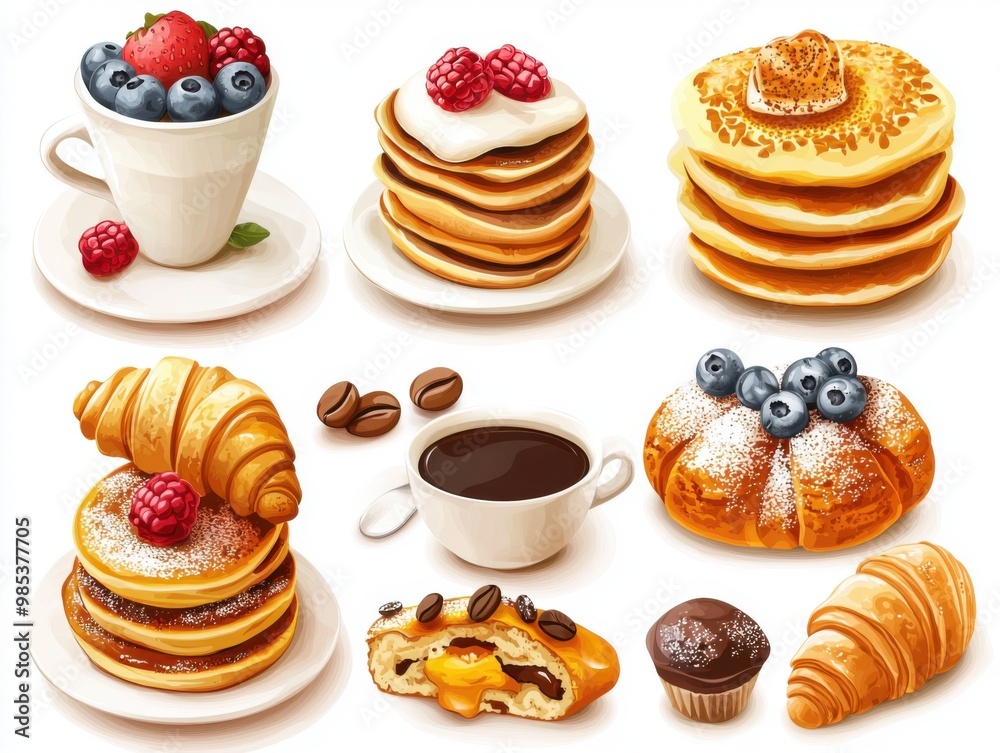 Delicious Breakfast Set with Coffee, Pancakes, Croissants and Muffins. Delicious Breakfast Set with Coffee, Pancakes, Croissants and Muffins.