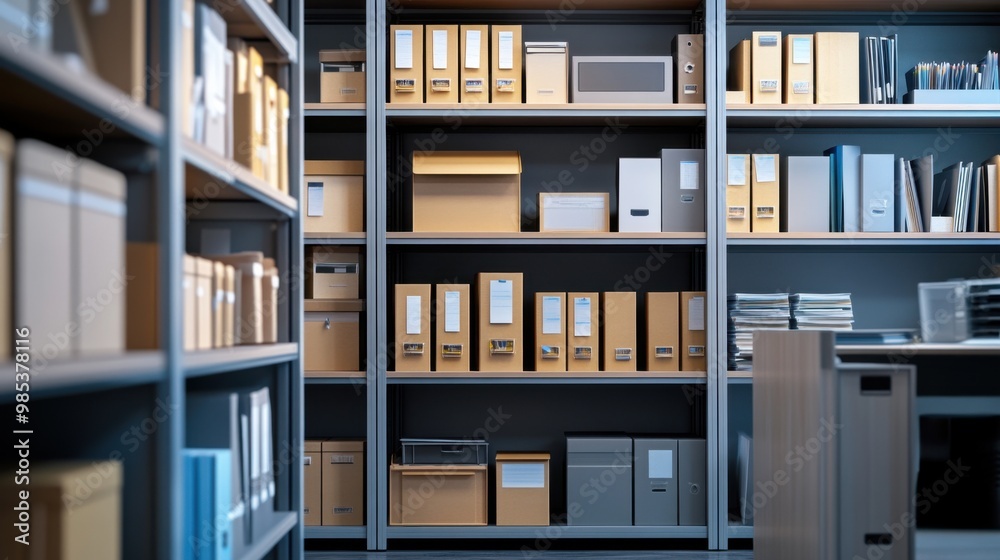 Office shelves with folders and binders.Computer digital drawing. Office shelves with folders and binders.Computer digital drawing.
