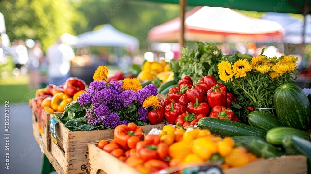 A vibrant farmers' market display featuring fresh vegetables and colorful flowers. A vibrant farmers' market display featuring fresh vegetables and colorful flowers.