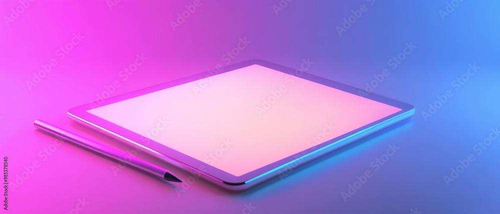 Tablet with Stylus on Neon Background. Tablet with Stylus on Neon Background.