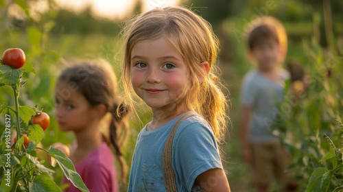 A cheerful girl smiles in an apple orchard while two children play in the background, capturing a moment of joy in nature.