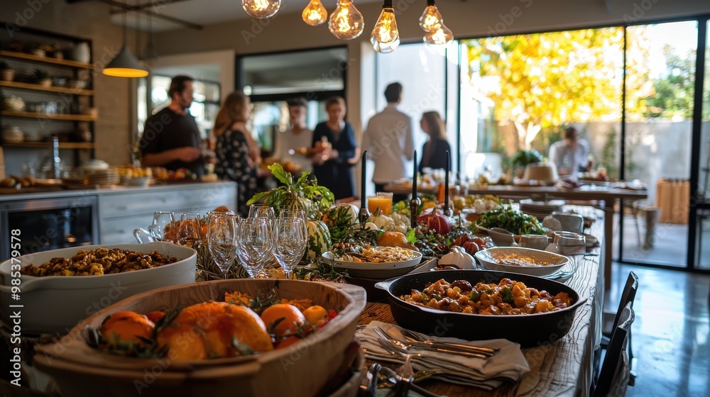A Thanksgiving feast in a contemporary home with a mix of industrial and natural decor as guests gather around a table set with both traditional and modern dishes A Thanksgiving feast in a contemporary home with a mix of industrial and natural decor as guests gather around a table set with both traditional and modern dishes