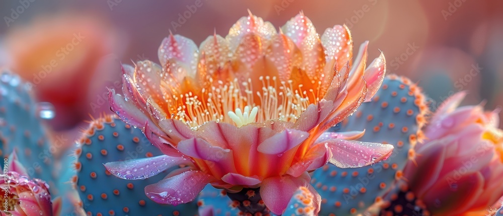 Vibrant Cactus Flower with Dew Drops in Soft Light Vibrant Cactus Flower with Dew Drops in Soft Light
