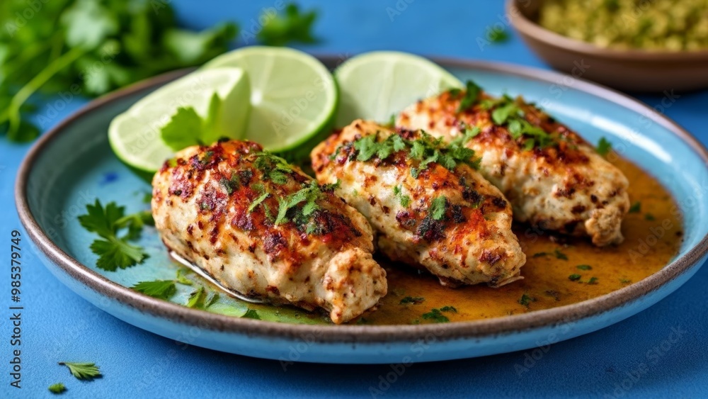 Delicious grilled chicken with lime and cilantro ready to serve Delicious grilled chicken with lime and cilantro ready to serve