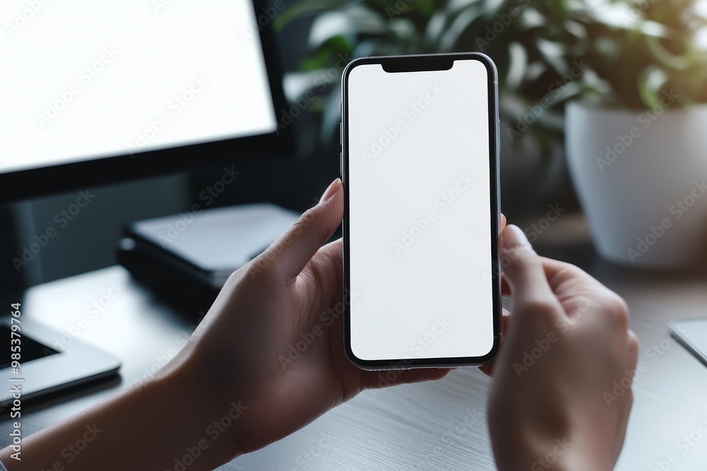 Person holding a smartphone with a white screen in front of a computer ...