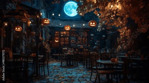 Charming Halloween Cafe, an enchanting setting with a new moon backdrop, perfect for stylish witches to enjoy their magical gatherings and create lasting memories.