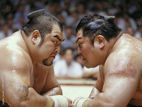 A close-up sumo wrestling match in Japan, with two wrestlers clashing in the ring, surrounded by an enthralled audience in a traditional arena