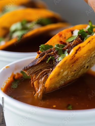 Close-up of juicy birria taco being dipped into savory consomme. Crunchy tortilla, tender meat, fresh cilantro. Mexican dish, flavorful sauce, spicy kick. Traditional food, lunch, or dinner option. photo