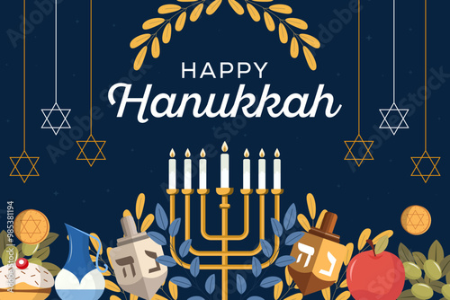 happy hanukkah background illustration in flat style photo