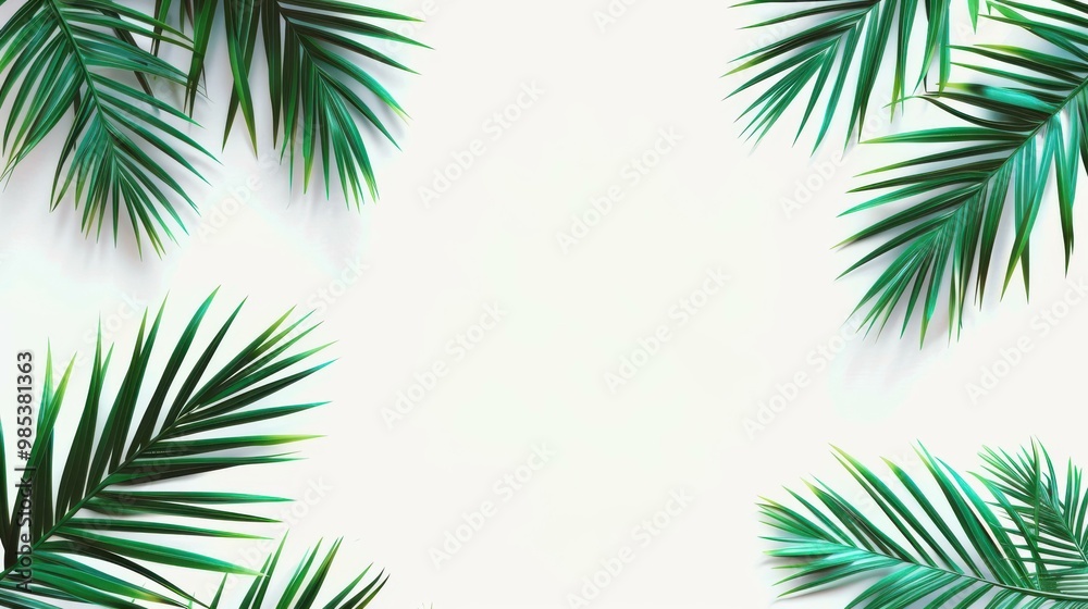 Vivid 3D palm leaves showcase a tropical vibe, perfect for summer decor and themes, bright against a clean white backdrop. Vivid 3D palm leaves showcase a tropical vibe, perfect for summer decor and themes, bright against a clean white backdrop.