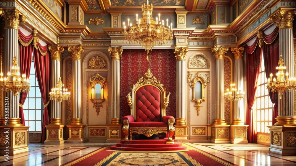 Obraz premium Luxurious palace interior featuring a majestic throne surrounded by stately ornate architecture and gold accents, luxurious