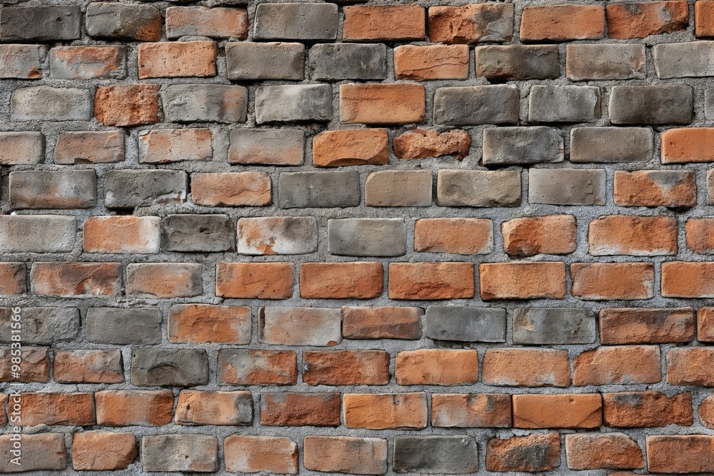 Close-up of red brick wall with diagonal pattern. Bricks are worn, creating texture, depth, and perspective. Light beige background, contrasting with red bricks, adds balance to composition. Close-up of red brick wall with diagonal pattern. Bricks are worn, creating texture, depth, and perspective. Light beige background, contrasting with red bricks, adds balance to composition.