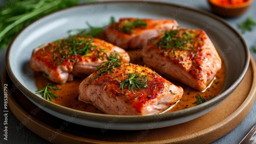 Deliciously seasoned salmon fillets ready to be savored Deliciously seasoned salmon fillets ready to be savored