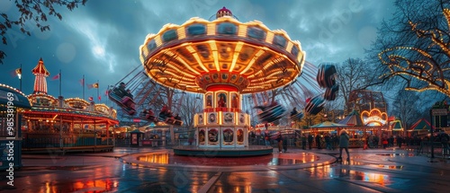 Colorful Carousel at Night in Amusement Park