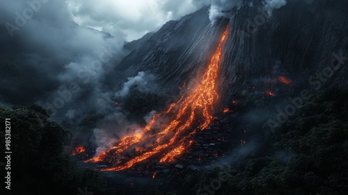 A dramatic volcanic eruption with molten lava cascading down a mountainside, surrounded by dark clouds and a smoky atmosphere.