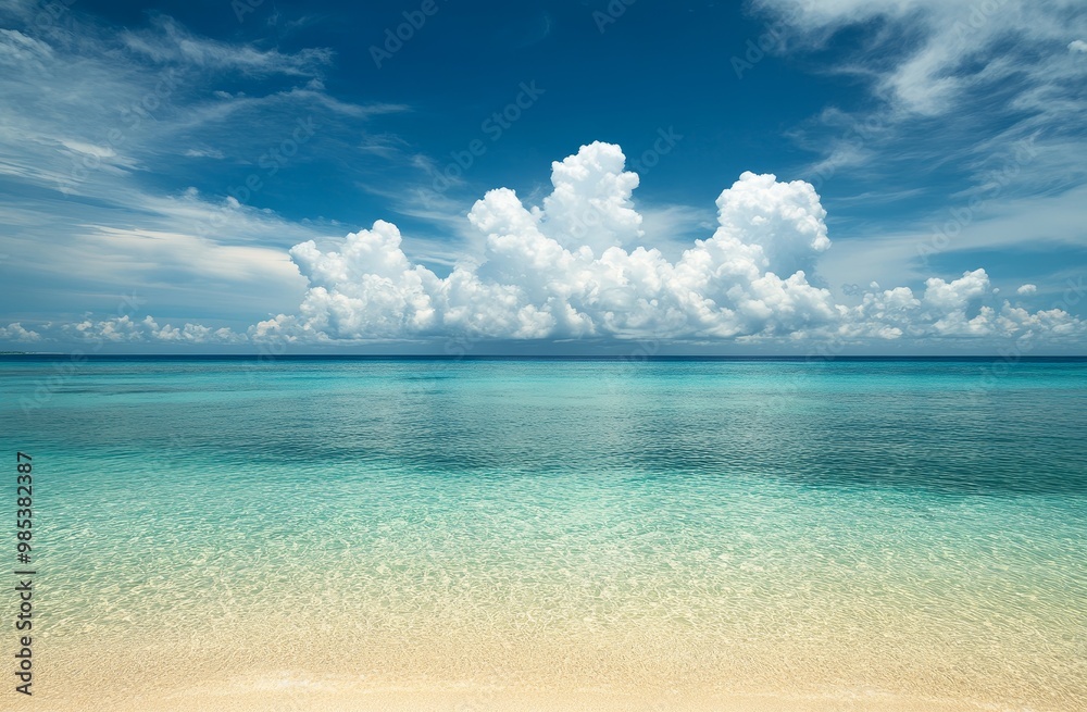 A breathtaking view of a tropical beach with clear blue water and a fluffy white cloud against a vivid blue sky. A breathtaking view of a tropical beach with clear blue water and a fluffy white cloud against a vivid blue sky.