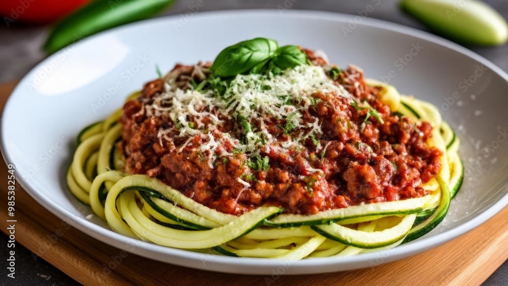 Delicious pasta dish with meat sauce and fresh basil Delicious pasta dish with meat sauce and fresh basil