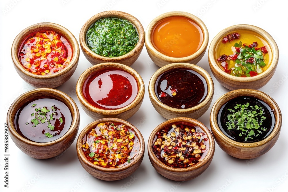 Various sauces in bowls. Various sauces in bowls.