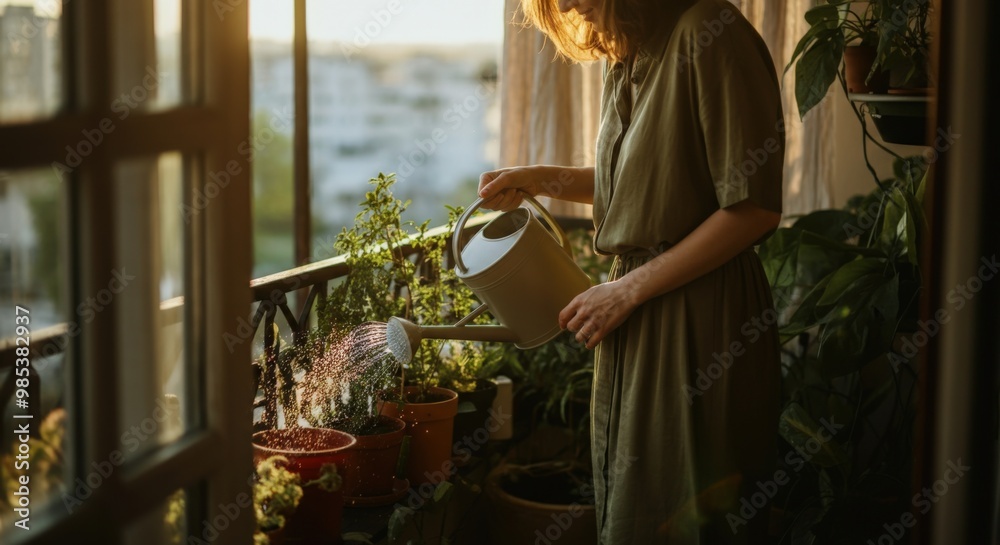 Woman watering plants on balcony