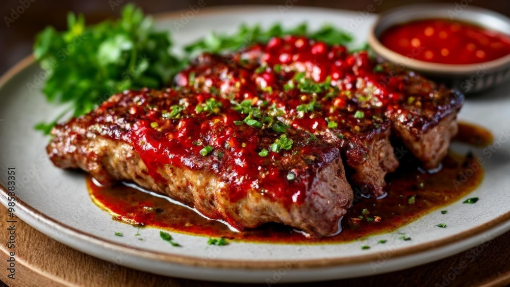Deliciously grilled steak with a vibrant red sauce ready to be savored Deliciously grilled steak with a vibrant red sauce ready to be savored