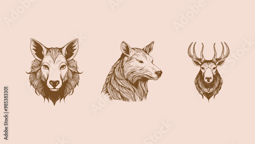 Canvas Print Set of hand drawn wild animals deer rhino and leopard on white background