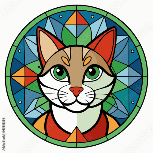 Stained Glass Christmas Cat round sign Black Vector silhouette