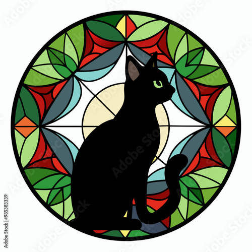 Stained Glass Christmas Cat round sign Black Vector silhouette