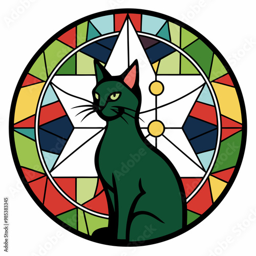 Stained Glass Christmas Cat round sign Black Vector silhouette