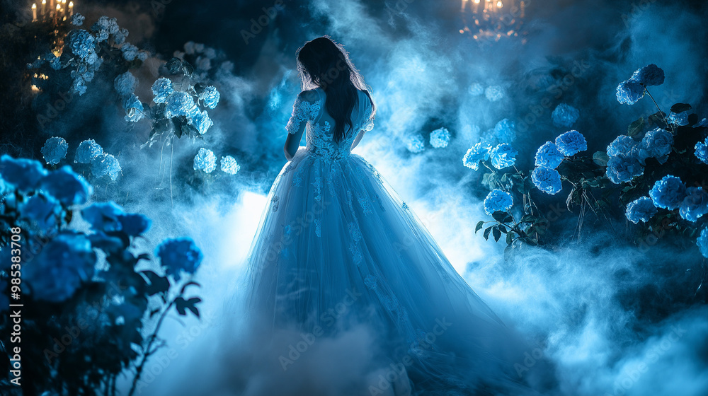 Halloween Theme Corpse wedding Enchanted Undead Bride, an ethereal figure in a luxurious white gown, enveloped in mist, amidst luminous midnight blue blooms at a hauntingly beautiful ceremony Halloween Theme Corpse wedding Enchanted Undead Bride, an ethereal figure in a luxurious white gown, enveloped in mist, amidst luminous midnight blue blooms at a hauntingly beautiful ceremony