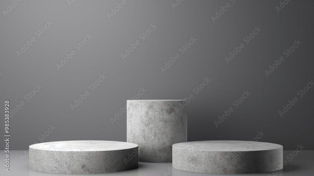 Minimalist 3D illustration of empty podium on gray concrete background. Modern, premium, sleek design of pedestal, pillar, dais. Empty space for product presentation, exhibition. Rectangle, round, Minimalist 3D illustration of empty podium on gray concrete background. Modern, premium, sleek design of pedestal, pillar, dais. Empty space for product presentation, exhibition. Rectangle, round,