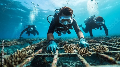 A coral reef restoration project in the Philippines, with divers placing new coral fragments to regenerate damaged marine ecosystems