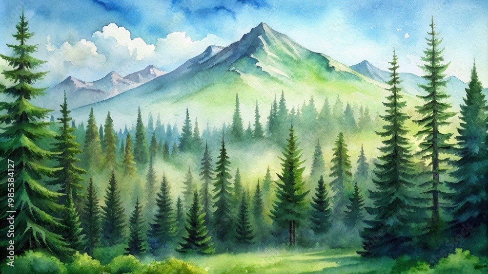 Fototapeta premium Green natural pine tree forest with mountain in background watercolor painting, watercolor, painting, pine tree, forest, mountain