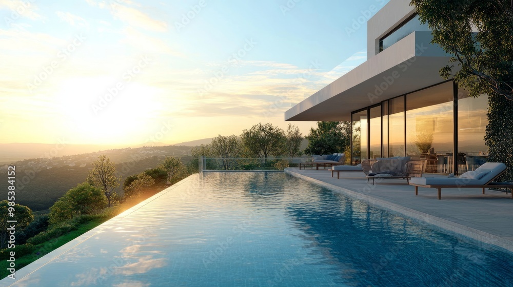Obraz premium A luxurious infinity-edge swimming pool overlooking a scenic landscape, with modern patio furniture and a serene ambiance.