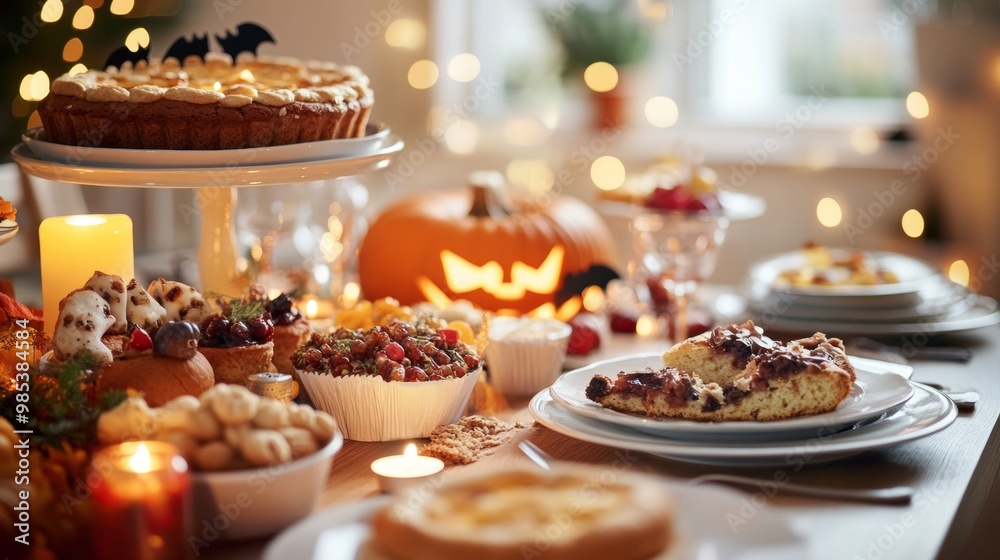 A cozy family dinner table set with Halloween treats like ghost-shaped cookies pumpkin pies A cozy family dinner table set with Halloween treats like ghost-shaped cookies pumpkin pies