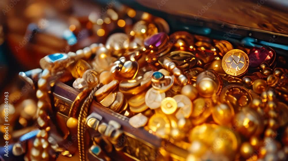 Exploring a hidden treasure chest overflowing with gold coins and sparkling jewels in an ancient setting Exploring a hidden treasure chest overflowing with gold coins and sparkling jewels in an ancient setting