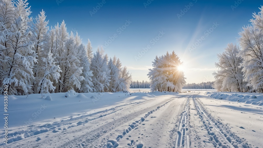 Obraz premium A serene winter landscape with snow-covered trees and a clear sky, perfect for nature, travel, or winter-themed designs.