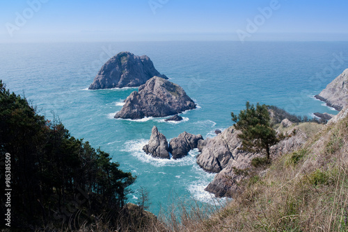 Aerial view of waves on rocks against Naemado and Oemado Island at Manjaedo Island near Sinan-gun, South Korea