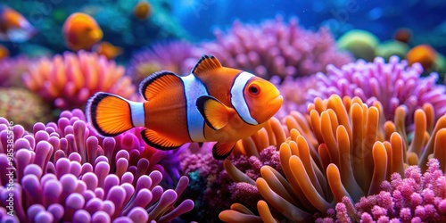 Clownfish swimming amidst vibrant sea anemones in coral reef habitat, clownfish, sea anemones